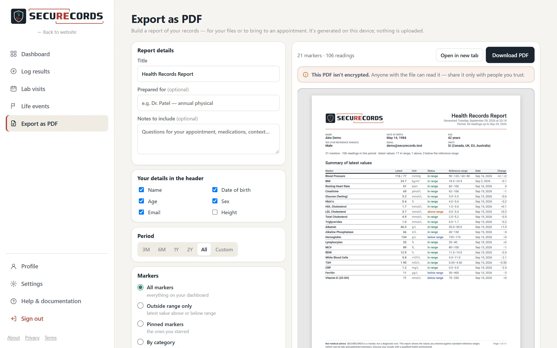Export as PDF page with options and a live preview